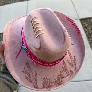 Blush pink desert cactus hand burned rancher style cowboy hat wide brim